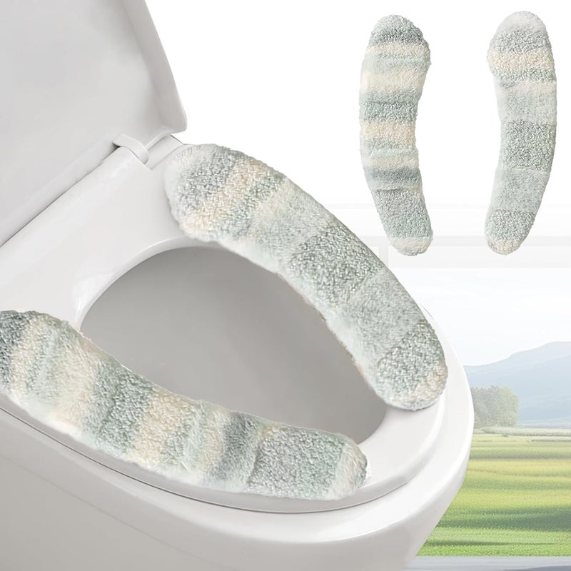 Iensen Thick and Warm Plush Toilet Seat Cover – Washable, Reusable Cushion with TPR Adhesive & Parallel Stripe Design for Comfort & Insulation (Green) - Image 1